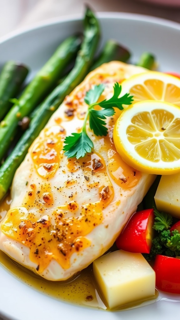 Lemon Garlic Butter Tilapia fillet garnished with parsley and lemon, served with colorful steamed vegetables.